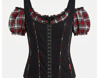 Top vintage Tripp NYC estilo leiteira: corpete preto, mangas bufantes xadrez (XL)