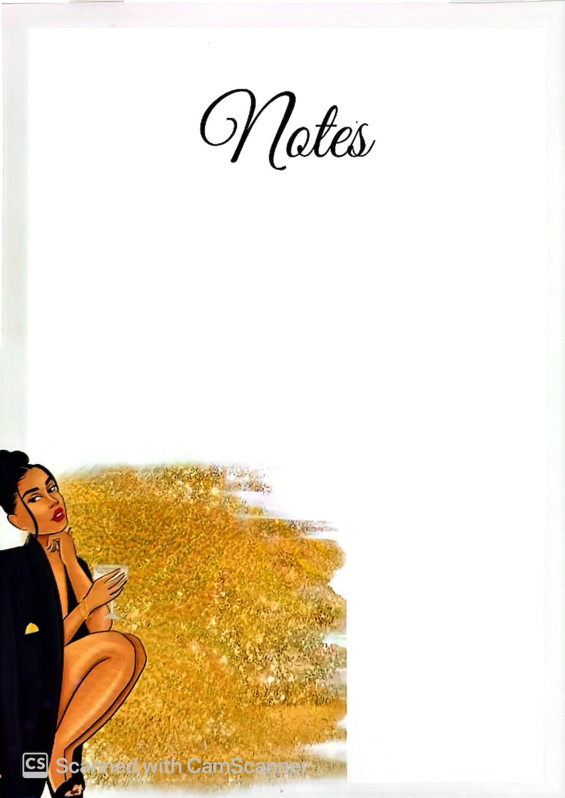 May include: A digital illustration of a woman with dark skin and long black hair, wearing a black blazer and holding a glass of liquid. She is sitting on a gold glitter background with the word "Notes" at the top of the page.