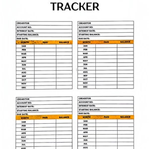 May include: A printable debt payment tracker with four sections for different creditors. Each section has fields for account number, interest rate, starting balance, due date, month, paid, and balance.