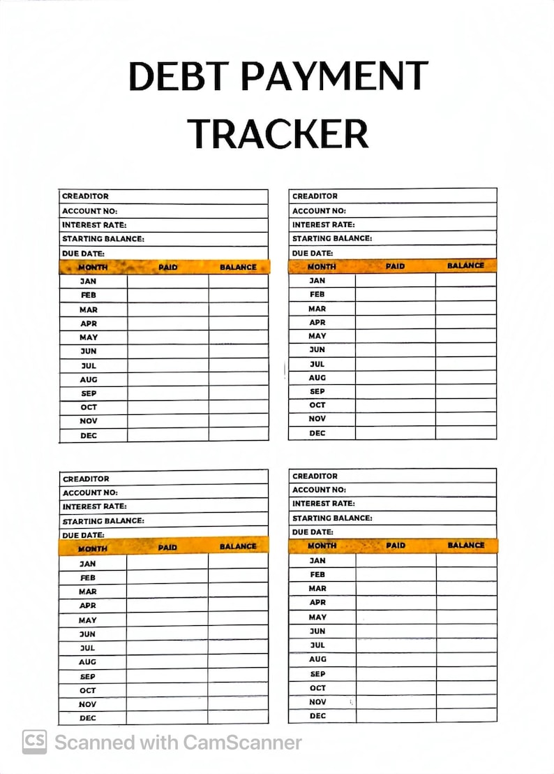 May include: A printable debt payment tracker with four sections for different creditors. Each section has fields for account number, interest rate, starting balance, due date, month, paid, and balance.