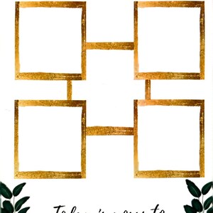 May include: A vision board template with four gold frames, each with a white background. The frames are arranged in a cross shape. The text "Vision Board" is at the top of the image. The text "Today is yours to conquer" is at the bottom of the image.