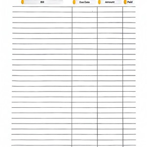 May include: A white printable bill planner with a yellow watercolor stripe at the top. The planner has columns for Bill, Due Date, Amount, and Paid. The planner has a total of 25 rows.