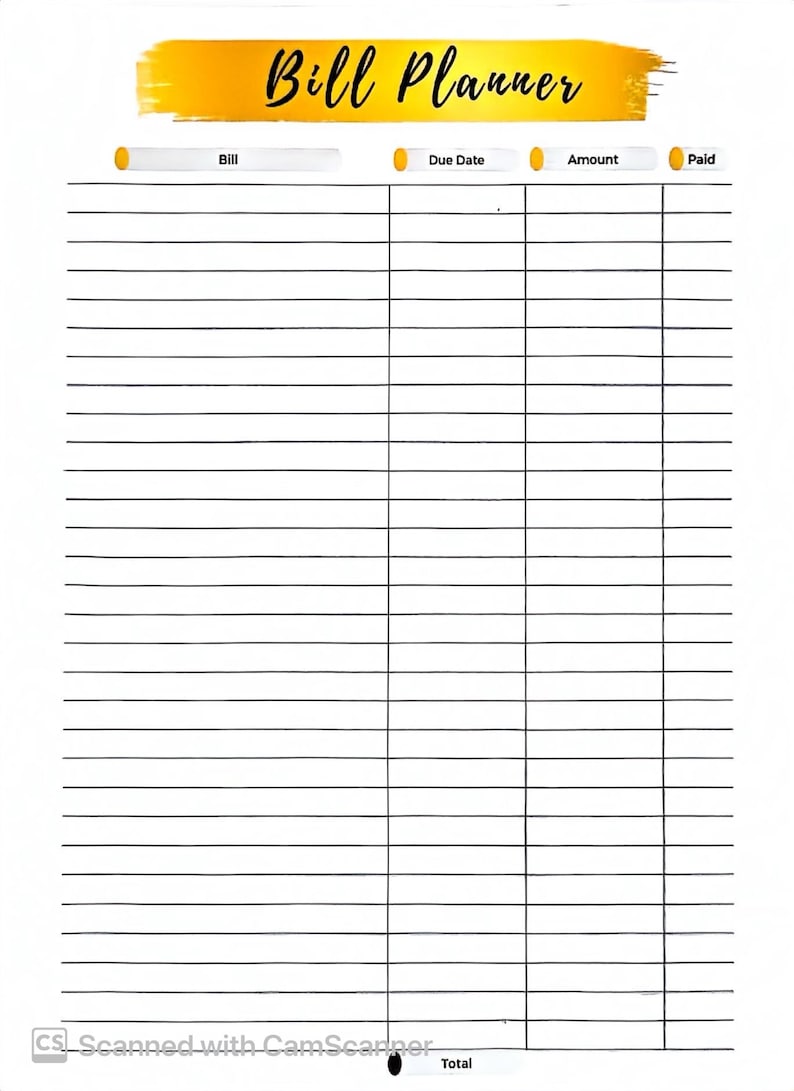 May include: A white printable bill planner with a yellow watercolor stripe at the top. The planner has columns for Bill, Due Date, Amount, and Paid. The planner has a total of 25 rows.