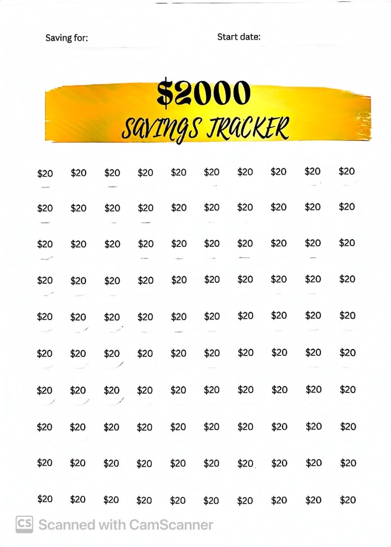 May include: A yellow and white savings tracker chart with the text "$2000 SAVINGS TRACKER" at the top. The chart is divided into 10 rows and 10 columns, with each cell containing the amount "$20".