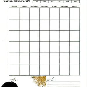 May include: A printable monthly calendar with a black and white grid layout. The calendar has a black title "Monthly Calendar" and the days of the week are listed across the top. The calendar is decorated with a black and white illustration of a woman with a glass of wine. The illustration is in the bottom left corner of the calendar. The calendar also has a "notes" section and a "to do" section.