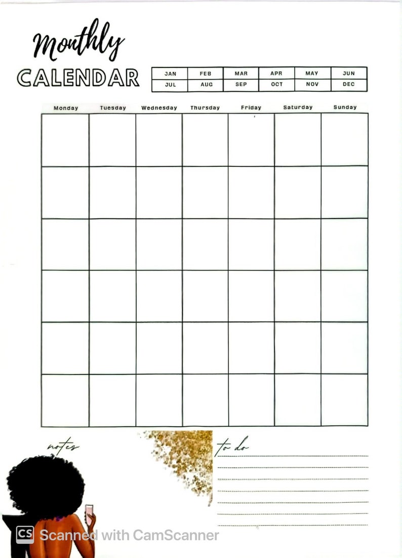 May include: A printable monthly calendar with a black and white grid layout. The calendar has a black title "Monthly Calendar" and the days of the week are listed across the top. The calendar is decorated with a black and white illustration of a woman with a glass of wine. The illustration is in the bottom left corner of the calendar. The calendar also has a "notes" section and a "to do" section.