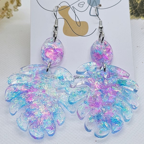Comfy earrings.Blue and pink flower.  Drop dangle resin.  Holographic glitter. Colorful leaf hook earrings.