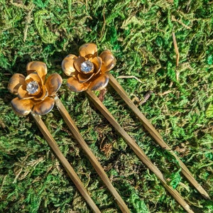 Hand twisted set of  brass hair forks / Pins with Vintage rhinestone crystal Roses