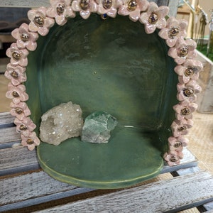 Hand built Ceramic flower bordered altar, shelf, curio