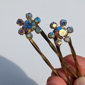 Hand twisted set of brass hair forks / Pins with Vintage rhinestone Flower crystals