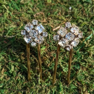 Hand twisted set of brass hair forks / Pins with Vintage  rhinestone crystals