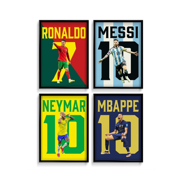 Mbappe Ronaldo Messi Neymar Poster Bundler, Soccer Football Printable Poster, Mid-Century Modern, Uni Dorm Room, Soccer GOATs, Set of 4