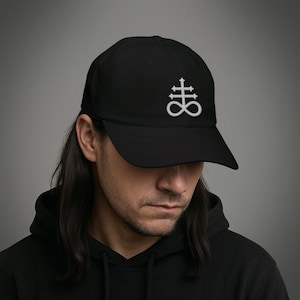 Black Metal White Leviathan Cross Baseball Cap Satanic Embroidered Design Metal Headwear Dark Style Occult Gift for Him Metal Fan Gothic Cap