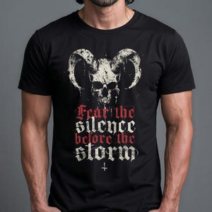 Fear the Silence Black Metal Skull Shirt Design Gothic Clothing Devil Horns Band Tee Dark Clothing Graphic Alternative Wear Concert Shirt