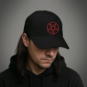 Black Metal Red Pentagram Baseball Cap Satanic Embroidered Design Metal Band Headwear Dark Style Occult Gift for Him Metal Fan Gothic Cap