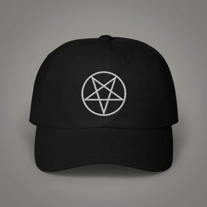 Black Metal White Pentagram Baseball Cap Satanic Embroidered Design Metal Band Headwear Dark Style Occult Gift for Him Metal Fan Gothic Cap
