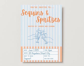 Invito con paillettes e spruzzi (modello modificabile), arancione e blu, invito estetico, festa estiva, festa unica, invito Aperol Spritz