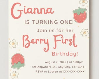 Strawberry First Birthday Invitation (Editable Template), Red and Green, Strawberries, Berry First Birthday Invitation, Berry Sweet