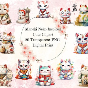Maneki-Neko Inspiré Mignon Clipart 20 Transparent PNG Impression numérique Utilisation commerciale Esthétique japonaise Chat chanceux pour autocollant pour cartes