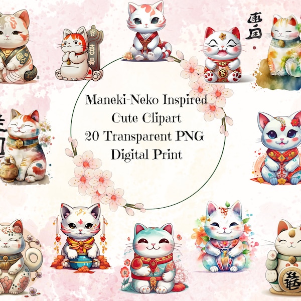 Maneki-Neko Inspired Cute Clipart 20 Transparent PNG Digital Print Commercial Use Japanese Aesthetic Lucky Cat For Sticker For Cards