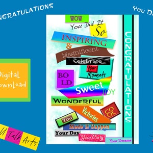 Tarjeta de felicitación imprimible "Felicitaciones" con sobre "Felicidades, lo hiciste", tarjeta de descarga instantánea 5X7", nube de palabras inspiradoras