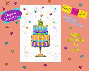 Tarjeta de felicitación imprimible "Feliz cumpleaños", tarjeta 5X7 más sobre personalizado, pastel de cumpleaños colorido con estrellas en tarjeta y sobre