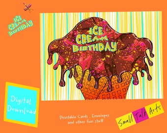 Tarjeta de felicitación de "Cumpleaños" imprimible más sobre personalizado, descarga instantánea de "Cumpleaños de helado" Tarjeta de felicitación de cumpleaños de 5X7", Tarjeta caprichosa