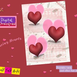 Tarjeta de felicitación imprimible "Dancing Hearts" más sobre, descarga instantánea de tarjeta 5X7 con corazones rojos y rosados,