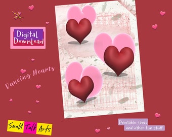 Tarjeta de felicitación imprimible "Dancing Hearts" más sobre, descarga instantánea de tarjeta 5X7 con corazones rojos y rosados,