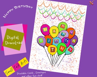 Tarjeta de felicitación imprimible "Feliz cumpleaños" más sobre personalizado. Globos de cumpleaños coloridos y caprichosos, descarga instantánea 5X7, en blanco por dentro
