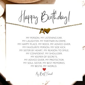 Collar de feliz cumpleaños, regalo para un amigo, joyería de cumpleaños para el mejor amigo, letra delicada personalizada con un delicado colgante de corazón de oro