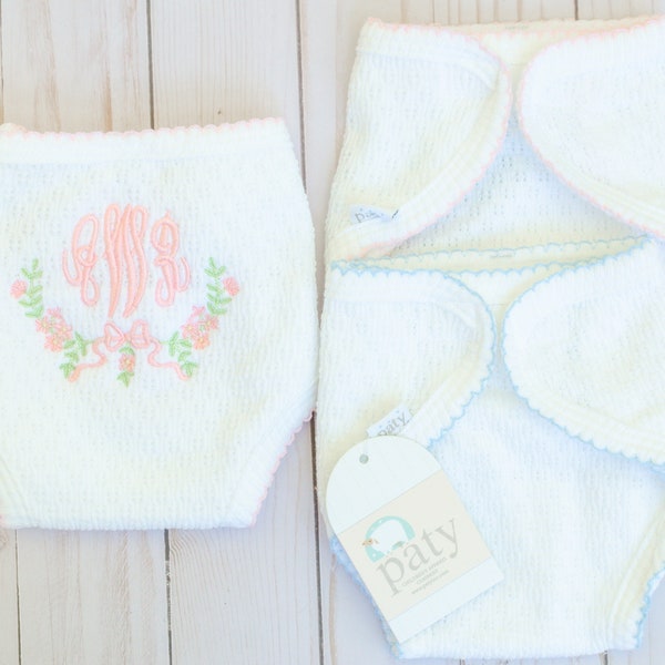 Monogrammed Paty Luxury Knit Picot Trim Newborn Diaper Cover