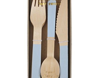 Blue Painted Wood Cutlery Set