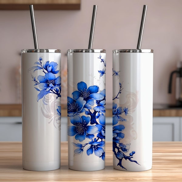 Blue Cherry Blossom Tumbler,  20 oz Skinny Tumbler Sublimation Design Straight & Tapered Tumbler Wrap Instant Download PNG, Sakura Download