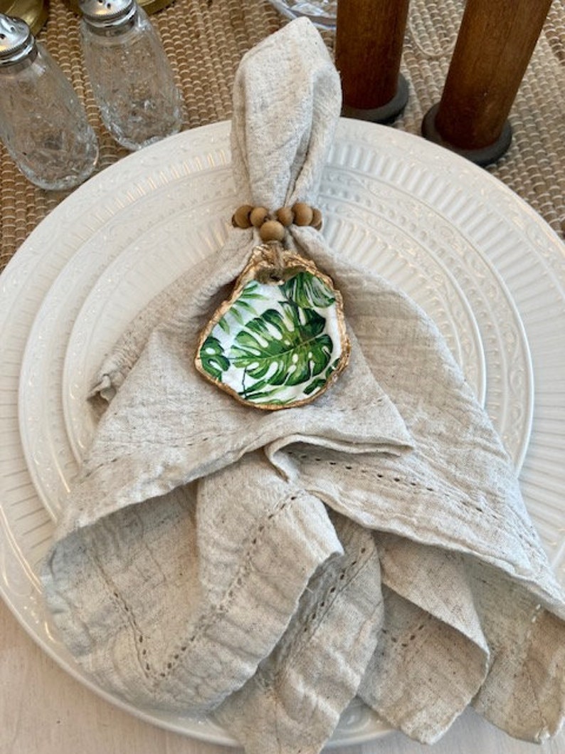 Oyster Shell Napkin Rings Monstera Decoupage Gold Paint Adorned With ...