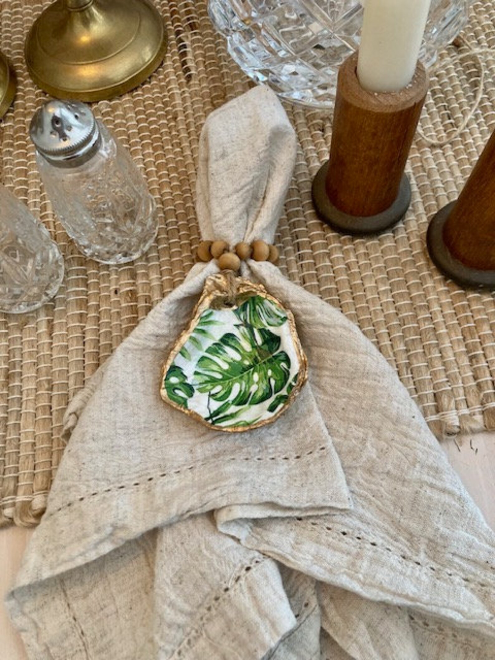 Oyster Shell Napkin Rings Monstera Decoupage Gold Paint Adorned With ...