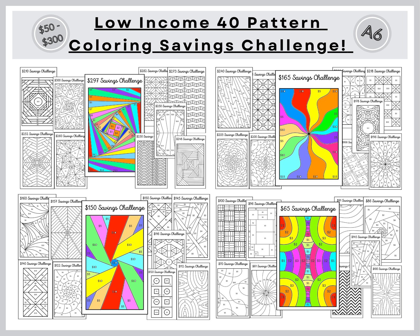 40 Item Low Income Pattern Saving - A6 Coloring Savings Challenge ...