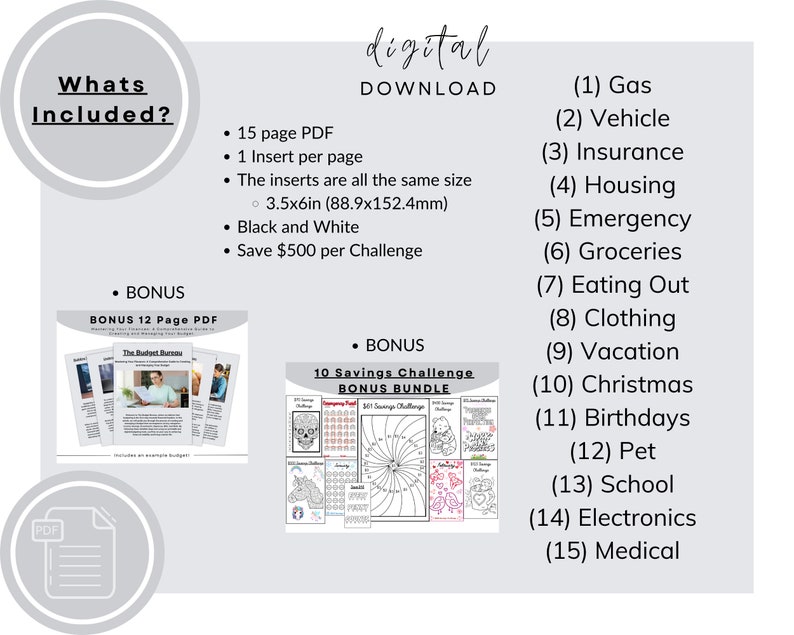 May include: A digital download for a 15-page PDF savings challenge with 1 insert per page. The inserts are 3.5 inches by 6 inches (88.9 mm by 152.4 mm) and are black and white. The download also includes a 12-page PDF bonus and a 10 savings challenge bonus bundle. The image shows a list of 15 categories for the savings challenge, including gas, vehicle, insurance, housing, emergency, groceries, eating out, clothing, vacation, Christmas, birthdays, pet, school, electronics, and medical.