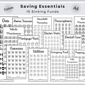May include: Black and white printable A6 sheet with 15 different icons for saving goals. The icons include gas, home insurance, household necessities, prescriptions, home maintenance, vehicle maintenance, mortgage/rent, doctor visits, dental care, car insurance, groceries, utilities, emergency fund, property taxes, and public transportation.