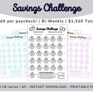 Savings Challenge, 60 Bi-Weekly, Save Cash, Save Money, Printable, 3 sizes, A4, US Letter, A5, Each in 10 colors, Digital Download