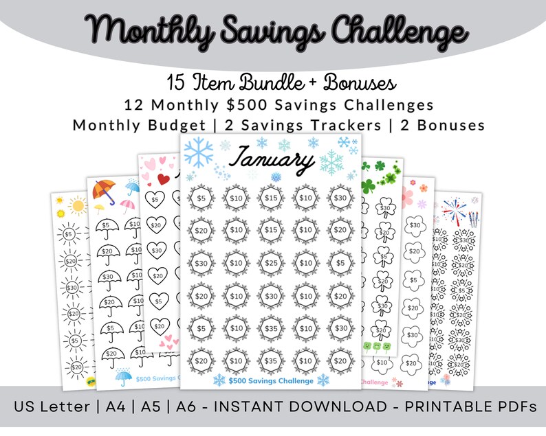 Monthly Savings Challenge Printables, Savings Challenge Bundle ...