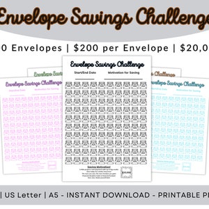20000 Savings Challenge, Saving Planner, Saving Tracker, 100 Envelope Savings, Save Cash, Save Money, 3 sizes: A4, US Letter, A5 - 10 colors