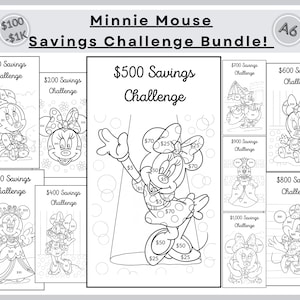 May include: Black and white coloring pages featuring Minnie Mouse in different poses. Each page has a savings challenge amount, from $100 to $1,000, with corresponding dollar amounts to color in.