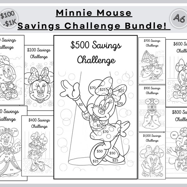 Minnie Mouse Savings Challenge Bundle | A6 Color in Saving Tracker (PDF Digital Download)