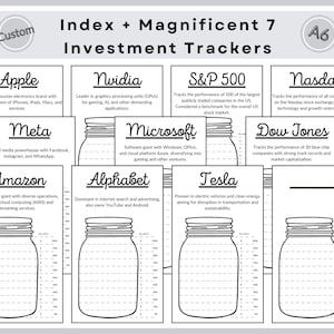 Op de afbeelding: Zwart-witte illustratie van zeven glazen potten met etiketten voor bedrijven zoals Apple, Meta, Amazon, Nvidia, S&P 500, Microsoft, Alphabet, Tesla, Nasdaq en Dow Jones. De potten zijn gelabeld met de bedrijfsnaam en een korte beschrijving van het bedrijf. De afbeelding heeft de titel "Index + Magnificent 7 Investment Trackers".