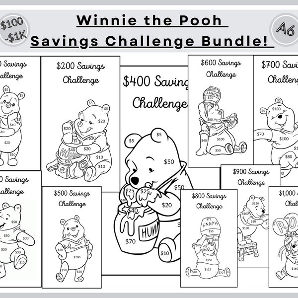 Winnie the Pooh, Savings Challenge Bundle, Coloring Savings, Save 1000, Save 500, Save 100, Money Saving Challenge A6, Challenge Set