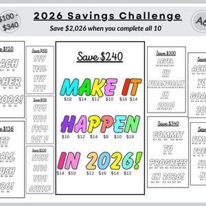 May include: A white savings challenge chart with the text "2026 Savings Challenge" and "Save $2,026 when you complete all 10." The chart includes boxes with savings goals and phrases like "Make it Happen in 2026!"
