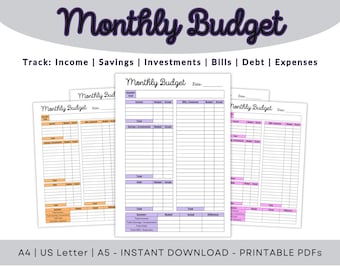 May include: Three printable monthly budget worksheets with columns for income, savings, investments, bills, debt, and expenses. The worksheets are in a light purple and orange color scheme.