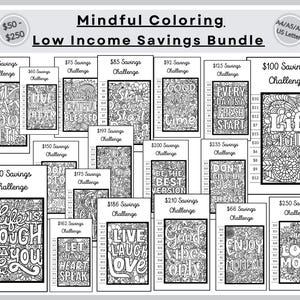 Colorear con atención: Desafíos de ahorro para personas de bajos ingresos, Ahorra entre 50 y 250, Ahorra coloreando, Desafíos de ahorro motivacionales, A4, A5, A6, Carta (EE. UU.)