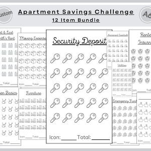 Könnte beinhalten: Ein schwarz-weißes Apartment-Spar-Challenge-Bundle. Das Bundle enthält 12 Artikel, wie Miete, Umzugskosten, Kaution und Nebenkosten. Jeder Artikel hat Platz für ein Symbol und die Gesamtsumme. Der Text "Apartment Savings Challenge" steht oben.